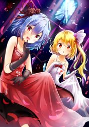 Rule 34 | 2girls, :o, absurdres, ahoge, alternate costume, bare shoulders, bat wings, black gloves, blonde hair, blue hair, bow, bowtie, brooch, clothes lift, commentary request, dress, dress lift, dutch angle, finger to mouth, flandre scarlet, flower, gloves, hair between eyes, hair flower, hair ornament, hair ribbon, hand up, highres, index finger raised, indoors, jewelry, lifting own clothes, long hair, looking at viewer, multiple girls, open mouth, purple flower, purple rose, red dress, red eyes, red flower, red neckwear, red ribbon, red rose, remilia scarlet, renka (cloudsaikou), ribbon, rose, short hair, siblings, side ponytail, sisters, sitting, smile, touhou, white dress, white gloves, window, wings