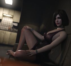 Rule 34 | 1girl, 3d, artist request, barefoot, breasts, brown hair, cleavage, dress, eileen galvin, full body, highres, legs apart, lips, looking to the side, medium breasts, short hair, silent hill, silent hill (series), silent hill 4: the room, sitting, solo