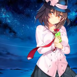 Rule 34 | 1girl, aburidashi zakuro, black skirt, blush, bow, breasts, brown eyes, brown hair, cellphone, collarbone, hair bow, hat, hat bow, large breasts, long sleeves, looking at viewer, necktie, night, night sky, orange hair, outdoors, phone, red bow, red necktie, shirt, skirt, sky, smile, solo, standing, star (sky), starry sky, touhou, usami renko, white bow, white shirt