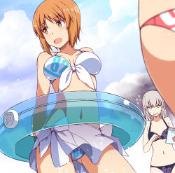Rule 34 | 10s, 3girls, :d, arms behind back, bare arms, bare shoulders, bikini, black bikini, blue eyes, blush, brown eyes, brown hair, character name, clipboard, cloud, cloudy sky, collarbone, counting, day, empty eyes, flat chest, front-tie bikini top, front-tie top, girls und panzer, gluteal fold, highres, holding, holding pen, innertube, itsumi erika, jitome, legs apart, multiple girls, nakamura yukitoshi, navel, nishizumi miho, open mouth, outdoors, pale skin, pen, ribbon, sarong, short hair, silver hair, sky, smile, stomach, sweat, swim ring, swimsuit, tareme, thighs, transparent, white bikini, white ribbon