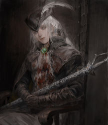 Rule 34 | 1girl, ascot, blood, bloodborne, blue eyes, cape, chair, coat, gem, gloves, hat, hat feather, holding, lady maria of the astral clocktower, long hair, looking at viewer, naux, ponytail, rakuyo (bloodborne), simple background, solo, sword, tricorne, weapon, white hair