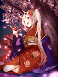 Rule 34 | 1girl, :d, commentary request, eyebrows hidden by hair, fang, flower, hair flower, hair ornament, highres, holding, hololive, horns, japanese clothes, kimono, long hair, long sleeves, nakiri ayame, nakiri ayame (new year), obi, oni, open mouth, petals, pink flower, red eyes, red flower, red kimono, sash, side ponytail, sitting, skin-covered horns, smile, solo, sue (bg-bros), tree, very long hair, virtual youtuber, white hair, wide sleeves, yokozuwari