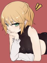 Rule 34 | 1girl, arm warmers, bike shorts, black shirt, black sports bra, blonde hair, blush, breasts, closed mouth, commentary request, cowboy shot, green eyes, hair between eyes, half updo, head rest, highres, looking at viewer, lying, marsen, medium bangs, medium breasts, mizuhashi parsee, on stomach, pointy ears, red background, shirt, short hair, simple background, solo, sports bra, touhou