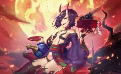 Rule 34 | 1girl, bare shoulders, bob cut, breasts, collarbone, cup, eyeliner, fate/grand order, fate (series), food, fruit, fruit bowl, full moon, gourd, grapes, headpiece, highres, horns, japanese clothes, kimono, long sleeves, looking at viewer, makeup, moon, mugetsu2501, obi, oni, open mouth, peach, purple eyes, purple hair, purple kimono, red sky, revealing clothes, sakazuki, sash, short hair, shuten douji (fate), skin-covered horns, sky, small breasts, smile, thighs, wide sleeves