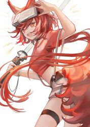 Rule 34 | + +, 1girl, animal ears, arknights, bad hands, belt, breasts, brown belt, commentary request, energy sword, flametail (arknights), flametail (sport for all) (arknights), hand up, head-mounted display, hemorina, highres, holding, holding sword, holding weapon, long hair, looking at viewer, looking back, medium breasts, open mouth, ponytail, red eyes, red hair, red shirt, shading eyes, shirt, simple background, skirt, solo, squirrel ears, squirrel girl, squirrel tail, suspenders, sword, tail, teeth, thigh strap, upper teeth only, weapon, white background, white skirt