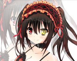 Rule 34 | 10s, 1girl, bare shoulders, black hair, breasts, choker, cleavage, clock eyes, date a live, face, gothic lolita, hairband, heterochromia, lolita fashion, lolita hairband, looking at viewer, smile, symbol-shaped pupils, tokisaki kurumi, twintails, zoom layer