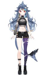 Rule 34 | 1girl, absurdres, arms at sides, belt, black shorts, blue hair, blush, boots, bracelet, breasts, closed mouth, collar, commentary, cross, cross earrings, earrings, english commentary, fins, fish tail, hair ornament, head fins, highres, jewelry, long hair, mako sameshima, medium breasts, midriff, multicolored hair, navel, official art, prism project, red eyes, reiko lape, second-party source, shark tail, shorts, simple background, single thighhigh, skull hair ornament, solo, spiked collar, spikes, standing, streaked hair, tail, thighhighs, virtual youtuber, white background