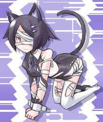 Rule 34 | 1girl, animal ears, ar tonelico, ar tonelico iii, bandage over one eye, black hair, cat ears, cat girl, cat tail, female focus, filament (ar tonelico), full body, gust, hair ornament, hairclip, kugelschreiber, shoes, short hair, single shoe, solo, tail, thighhighs, torn clothes, white thighhighs
