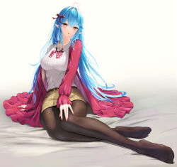 Rule 34 | 1girl, :o, absurdres, ahoge, belt, black pantyhose, blue hair, bow, bowtie, breasts, brown eyes, collared shirt, hair bow, heart, heart ahoge, highres, hololive, jacket, large breasts, legs, long hair, long sleeves, looking at viewer, miniskirt, nail polish, pantyhose, parted lips, plaid, plaid bow, plaid bowtie, plaid skirt, pointy ears, red bow, red bowtie, red jacket, red nails, shirt, shirt tucked in, sitting, skirt, solo, sweater, torjun 111, virtual youtuber, wariza, white background, white shirt, white sweater, yukihana lamy