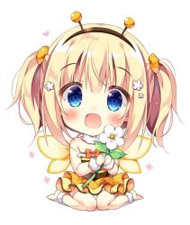 Rule 34 | 1girl, :d, ankleband, antennae, barefoot, bee costume, blonde hair, blue eyes, blush, chibi, commentary request, dress, fake antennae, flower, frilled dress, frills, hair flower, hair ornament, hairband, holding, holding flower, looking at viewer, open mouth, orange scrunchie, original, pan (mimi), scrunchie, simple background, sitting, smile, solo, striped clothes, striped dress, twintails, wariza, white background, wings, wristband