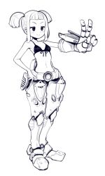 Rule 34 | 1girl, armor, bikini, blush, boa (brianoa), breasts, character request, closed mouth, commentary, copyright request, english commentary, full body, hand on own hip, highres, legs together, navel, oversized forearms, oversized limbs, short hair, sidelocks, simple background, small breasts, smile, smug, solo, standing, swimsuit, twintails, v, white background