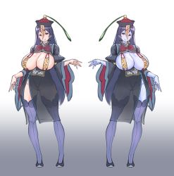 Rule 34 | absurdres, alternate costume, bai linqin, blue skin, blush, breasts, cleavage, colored skin, dress, fate (series), full body, gradient background, hat, highres, jiangshi, large breasts, licking lips, lips, long hair, long sleeves, looking at viewer, maebari, minamoto no raikou (fate), ofuda, ofuda hat, ofuda on head, ofuda on nipples, ofuda on pussy, parted bangs, partially visible vulva, pasties, purple legwear, purple skin, red eyes, revealing clothes, see-through, slingshot swimsuit, smile, swimsuit, swimsuit under clothes, thighhighs, thighs, tongue, tongue out, very long hair, wide sleeves