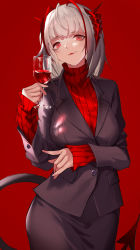 Rule 34 | 1girl, absurdres, ahoge, alcohol, alternate costume, arknights, bankongping, black jacket, black skirt, blazer, breasts, cowboy shot, cup, drinking glass, hand up, head tilt, highres, holding, holding cup, horns, jacket, lipstick, long sleeves, looking at viewer, makeup, medium breasts, red background, red eyes, red lips, red sweater, short hair, silver hair, simple background, skirt, smile, solo, sweater, tail, turtleneck, turtleneck sweater, w (arknights), wine, wine glass