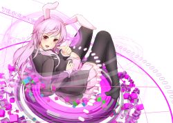 Rule 34 | 1girl, animal ears, bad id, bad pixiv id, black thighhighs, blazer, breasts, collared shirt, commentary request, cube, danmaku, finger gun, jacket, light trail, long hair, long sleeves, looking at viewer, no shoes, open mouth, pink skirt, pleated skirt, purple hair, rabbit ears, radiosity (yousei), red eyes, reisen udongein inaba, shirt, simple background, skirt, solo, thighhighs, thighs, touhou, white background, white shirt