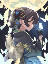 Rule 34 | 1girl, black gloves, black hair, black kimono, blue archive, blush, butterfly hair ornament, closed mouth, duplicate, from side, gloves, green eyes, grey halo, hair ornament, halo, highres, hiyayakko (jfky2528), japanese clothes, kimono, kisaki (blue archive), long sleeves, looking at viewer, obi, profile, sash, short hair, smile, solo, upper body, wide sleeves