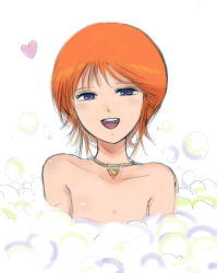 Rule 34 | 1girl, :d, blue eyes, brown hair, collarbone, elpeo puru, flat chest, gacha-m, gundam, gundam zz, heart, jewelry, looking at viewer, necklace, nude, open mouth, portrait, short hair, simple background, sketch, smile, soap, solo, white background