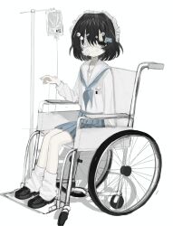 Rule 34 | 1girl, bandage on face, bandages, bandaid, bandaid on neck, black eyes, black footwear, black hair, blue neckerchief, blue skirt, closed mouth, dot nose, eye hair ornament, eyepatch, hand up, headdress, highres, id card, intravenous drip, loafers, looking at viewer, loose socks, medical eyepatch, neckerchief, no pupils, null404, original, pill hair ornament, pleated skirt, sailor collar, school uniform, shoes, short hair, simple background, sitting, skinny, skirt, socks, solo, wheelchair, white background, white sailor collar, white socks