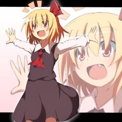 Rule 34 | 1girl, ascot, blonde hair, do (4-rt), dress, fang, female focus, hair ribbon, letterboxed, open mouth, outstretched arms, red eyes, ribbon, rumia, short hair, solo, touhou, zoom layer