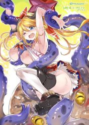 Rule 34 | 1girl, armpits, ass, between breasts, blonde hair, blue eyes, blush, breasts, clothes lift, draph, fang, granblue fantasy, hair ribbon, hallessena, hat, unworn hat, unworn headwear, horns, kicking, large breasts, long hair, nipples, octopus, one eye closed, open mouth, plaid, plaid skirt, pointy ears, ribbon, shirt lift, skirt, super zombie, tears, tentacles, thighhighs, translation request, twintails