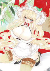 Rule 34 | 1girl, apron, azur lane, black footwear, black garter straps, blonde hair, blue eyes, breasts, brown thighhighs, detached sleeves, frilled apron, frills, garter straps, high heels, highres, howe (azur lane), howe (pastry princess) (azur lane), lace, lace-trimmed legwear, lace trim, large breasts, long hair, looking at viewer, maid headdress, official alternate costume, shoes, solo, thighhighs, traditional media, uzuharu (uduharu), very long hair, white apron