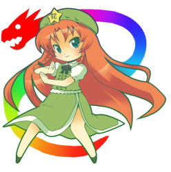 Rule 34 | 1girl, blue eyes, chibi, china dress, chinese clothes, dress, female focus, full body, hat, hong meiling, immaterial and missing power, long hair, michii yuuki, red hair, ribbon, solo, touhou, white background