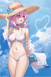 Rule 34 | 1girl, absurdres, alternate costume, bikini, black choker, blue sky, blush, breasts, camera, choker, cloud, earrings, fang, flower ornament, gradient eyes, hat, heart-shaped cloud, highres, holding, holding camera, honkai: star rail, honkai (series), jewelry, looking to the side, march 7th (honkai: star rail), medium breasts, medium hair, midriff, multicolored eyes, navel, pink hair, see-through, see-through shirt, shirt, single earring, sky, solo, stomach, straw hat, swimsuit, two-tone eyes, wangqi, wet, wet clothes, wet shirt, white bikini, white shirt, wind