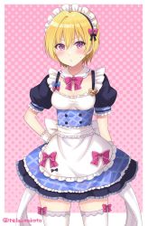 Rule 34 | 1girl, :o, apron, bad id, bad twitter id, blonde hair, blue bow, blue dress, blush, bow, bowtie, breasts, character name, cleavage, commentary request, cowboy shot, detached collar, dress, frilled apron, frilled sleeves, frills, hair bow, halftone, halftone background, hand on own hip, heart, highres, idolmaster, idolmaster shiny colors, looking at viewer, maid, maid headdress, medium breasts, name tag, pink background, pink bow, pink bowtie, purple eyes, saijo juri, sakurai makoto (custom size), short hair, short sleeves, solo, sweatdrop, thighhighs, twitter username, waist apron, white apron, white thighhighs, wrist cuffs