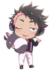 Rule 34 | 1boy, :p, animal, animal ears, animal ears request, animal request, artist request, black hair, carrying, check artist, chibi, commentary request, copyright request, full body, male focus, multicolored hair, nishikimaru, pants, pants tucked in, partially unbuttoned, pectoral cleavage, pectorals, pink hair, shirt tucked in, short hair, smile, solo, streaked hair, suspenders, toned, toned male, tongue, tongue out, transparent background, virtual youtuber, white pants, yumeno bakuto