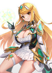 Rule 34 | 1girl, absurdres, armor, black gloves, blonde hair, breasts, chest jewel, circlet, cleavage cutout, clothing cutout, detached sleeves, dress, earrings, elbow gloves, gloves, gonzarez, hand up, highres, index finger raised, jewelry, large breasts, long hair, looking at viewer, mythra (xenoblade), pleated dress, shoulder armor, smile, solo, sparkle, thigh strap, thighs, white gloves, xenoblade chronicles (series), xenoblade chronicles 2, yellow eyes