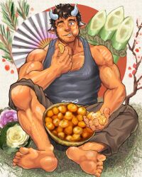 Rule 34 | 1boy, animal ears, bamboo shoot, bara, basket, brown hair, chest hair, chinese zodiac, cow boy, cow ears, cow horns, dark-skinned male, dark skin, eating, facial hair, flower, food, fruit, grey tank top, hand fan, highres, holding, holding food, horns, male focus, mandarin orange, mature male, muscular, muscular male, one eye closed, orange (fruit), orange peel, original, pants, paper fan, pectoral cleavage, pectorals, pink flower, short hair, sideburns, sitting, solo, stubble, suamaru, tank top, thick eyebrows, veins, white flower, year of the ox
