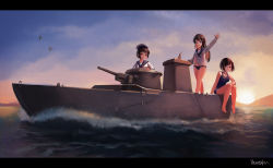 Rule 34 | 3girls, absurdres, aircraft, airplane, arm up, bad id, bad pixiv id, barefoot, black panties, blue eyes, boat, breasts, brown eyes, brown hair, cannon, cloud, dusk, hat, highres, huge filesize, legs, letterboxed, long hair, medium breasts, military, military vehicle, motor vehicle, multiple girls, no pants, ocean, on vehicle, one-piece swimsuit, open mouth, original, outdoors, panties, red eyes, sailor hat, scenery, school swimsuit, school uniform, serafuku, shirt, short hair, sitting, sky, small breasts, smile, special type 2 launch ka-mi, standing, sun, sunset, swimsuit, tank, toes, turret, underwear, vehicle focus, water, watercraft, waving, white headwear, white shirt, youotaku