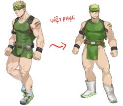 Rule 34 | 1boy, alternate costume, bara, bare arms, bare shoulders, blonde hair, bodysuit, bulge, covered abs, covered erect nipples, facial hair, green bodysuit, green hairband, hairband, kienbiu, large pectorals, leather, male focus, muscular, original, pectorals, pelvic curtain, punt (kienbiu), short hair, sideburns, skin tight, sleeveless, solo, spiked hair, stubble, taut clothes, thick thighs, thighs, white footwear