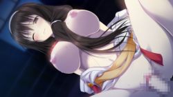 Rule 34 | 1boy, 1girl, black eyes, black hair, blush, breasts, censored, game cg, gradient background, hetero, highres, japanese clothes, large breasts, legs, long hair, miko, mosaic censoring, nipples, no bra, no panties, noba, one eye closed, open clothes, penis, pussy, sex, sweat, thighs, vaginal, wince, yobai suru shichinin no harame 2