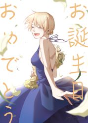 Rule 34 | 10s, 1girl, 2016, absurdres, artist name, bare arms, bare shoulders, blonde hair, blue dress, blush, bouquet, breasts, darjeeling (girls und panzer), dated, dress, closed eyes, flower, girls und panzer, happy birthday, highres, neiigal, shoulder blades, sideboob, smile, solo, translated