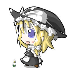 Rule 34 | 1girl, aoblue, chibi, female focus, flower, full body, hat, kirisame marisa, plant, simple background, skirt, solo, touhou, white background, witch, witch hat