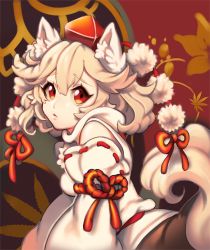 Rule 34 | 1girl, animal ears, bad id, bad pixiv id, cheong ha, detached sleeves, eyebrows, from side, hair between eyes, hat, inubashiri momiji, leaf, looking at viewer, maple leaf, pom pom (clothes), red eyes, ribbon-trimmed sleeves, ribbon trim, short hair, solo, tail, tokin hat, touhou, turtleneck, upper body, white hair, wolf ears, wolf tail