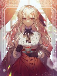 Rule 34 | 1girl, artist name, bad id, bad pixiv id, black gloves, black neckwear, brown hair, commentary, cup, dress, gloves, hair between eyes, highres, indoors, lens flare, long sleeves, original, red dress, red eyes, risem, standing, symbol-only commentary, tea, teacup