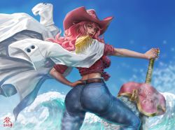 Rule 34 | 1girl, ass, breasts, charlotte linlin, coat, coat on shoulders, cowboy clothes, cowboy hat, female focus, hat, highres, huge ass, large breasts, lipstick, looking at viewer, makeup, napoleon (one piece), ocean, one piece, pink hair, solo, waves, yellow eyes, aged down