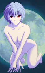 Rule 34 | acid head, ayanami rei, barefoot, blue hair, breasts, censored, completely nude, convenient censoring, moon, neon genesis evangelion, nude, red eyes, short hair, solo