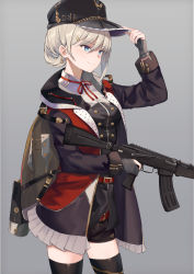 Rule 34 | 1girl, ak-74m, assault rifle, backpack, bag, belt, black gloves, black hat, black jacket, black shirt, black shorts, black thighhighs, blue eyes, breasts, buttons, closed mouth, cowboy shot, double-breasted, gloves, gradient background, grey background, gun, gun request, hair between eyes, hair ornament, hairclip, hand on headwear, hand up, hat, highres, holding, holding gun, holding weapon, jacket, kalashnikov rifle, legs apart, long sleeves, looking away, magazine (weapon), medium breasts, military, military uniform, mosta (lo1777789), neck ribbon, open clothes, open jacket, original, peaked cap, red ribbon, ribbon, rifle, shirt, short hair, short shorts, shorts, sidelocks, silver hair, smile, solo, standing, thighhighs, uniform, weapon, wing collar
