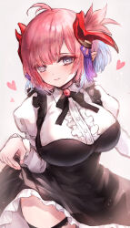 1girl absurdres ahoge alternate_costume black_dress black_ribbon blue_eyes blush breasts center_frills chichiri_(granblue_fantasy) closed_mouth collared_shirt commentary draph dress fingernails frills gradient_hair granblue_fantasy hair_ornament heart highres horns huge_breasts koron_(tkhsrui) long_sleeves looking_at_viewer maid medium_hair multicolored_hair nail_polish neck_ribbon pink_hair pink_nails pointy_ears puffy_sleeves red_horns ribbon shirt smile solo tassel tassel_hair_ornament thigh_strap thighs two_side_up white_background white_shirt