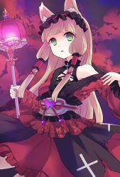 Rule 34 | 1girl, animal ear fluff, animal ears, bat (animal), blonde hair, blunt bangs, character request, cloud, cloudy sky, commentary request, dress, fang, fingernails, frilled sleeves, frills, gothic lolita, green eyes, gucchiann, hair ornament, hair tubes, highres, holding, lolita fashion, long hair, long sleeves, looking at viewer, obi, parted lips, princess connect!, red dress, red sky, sash, sky, solo, very long hair, wide sleeves, x hair ornament