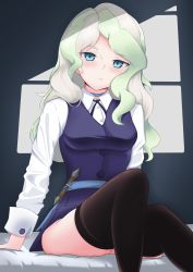 Rule 34 | 1girl, absurdres, bad id, bad pixiv id, bed, black thighhighs, blonde hair, blue eyes, blue neckwear, blush, breasts, choker, closed mouth, diana cavendish, highres, little witch academia, long hair, looking at viewer, luna nova school uniform, medium breasts, miniskirt, nicksuslin, on bed, school uniform, sitting, skirt, solo, thighhighs, wand