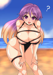 Rule 34 | 1girl, ?, beach, blue sky, blush, breasts, brown hair, cloud, collarbone, covered erect nipples, cross-laced clothes, curvy, day, eyebrows, gradient hair, groin, hands on thighs, head tilt, highres, hijiri byakuren, huge breasts, leaning forward, legband, lips, long hair, looking at viewer, multicolored hair, n (dai n honpo), ocean, open mouth, outdoors, plump, purple eyes, purple hair, shiny skin, skindentation, sky, solo, sun, sunlight, swimsuit, thick thighs, thigh strap, thighs, tongue, touhou, wide hips