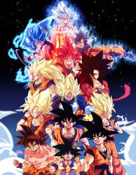 Rule 34 | absurdres, age progression, aura, black hair, blonde hair, blue hair, blue wristband, dougi, dragon ball, dragon ball (classic), dragon ball gt, dragon ball super, dragonball z, fighting stance, ftw arts, glowing, glowing hair, grey hair, highres, kaiouken, looking at viewer, monkey tail, multiple persona, muscular, muscular male, own hands together, red fur, red hair, smile, son goku, spiked hair, super saiyan, super saiyan 1, super saiyan 2, super saiyan 3, super saiyan 4, super saiyan blue, super saiyan god, tail, ultra instinct, wristband