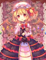 Rule 34 | 1girl, :p, ahoge, alternate costume, black dress, blonde hair, blush, bow, bowtie, brooch, chocolate, choker, coa (chroo x), corset, cowboy shot, crystal, demon wings, dress, flandre scarlet, floral background, food, food-themed hair ornament, frilled choker, frilled dress, frilled sleeves, frills, gem, hair bow, hair ornament, hat, head tilt, holding, holding food, jewelry, juliet sleeves, layered dress, long sleeves, looking at viewer, mob cap, no pupils, puffy sleeves, red bow, red bowtie, red eyes, red gemstone, side ponytail, solo, standing, stuffed animal, stuffed toy, sweets, tareme, teddy bear, tongue, tongue out, touhou, valentine, white hat, wings