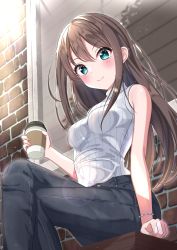 Rule 34 | 1girl, aqua eyes, bare arms, bare shoulders, black pants, blurry, blush, breasts, brick wall, brown hair, closed mouth, coffee cup, commentary request, crossed legs, cup, denim, depth of field, disposable cup, hair between eyes, highres, holding, holding cup, idolmaster, idolmaster cinderella girls, idolmaster cinderella girls starlight stage, jeans, long hair, medium breasts, pants, ribbed sweater, shibuya rin, sleeveless, sleeveless sweater, smile, solo, sutoroa, sweater, very long hair