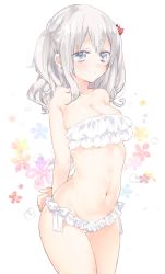 Rule 34 | 10s, 1girl, arms behind back, bare shoulders, bikini, blush, bow, bow bikini, breasts, cleavage, commentary request, floral background, frilled bikini, frills, groin, highres, kantai collection, kashima (kancolle), large breasts, navel, platinum blonde hair, revision, sino (sionori), solo, swimsuit, white bikini