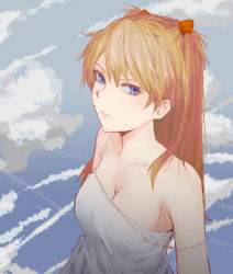 Rule 34 | 1girl, absurdres, blue eyes, blue sky, breasts, brown hair, cleavage, cloud, day, dress, dutch angle, highres, ichinoshi, interface headset, long hair, looking at viewer, medium breasts, neon genesis evangelion, off shoulder, sky, solo, souryuu asuka langley, sundress, white dress