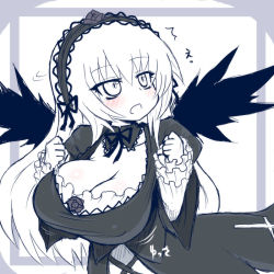 Rule 34 | 00s, 1girl, alexi (tits!), alternate breast size, blush, breasts, cleavage, dress, flower, frills, hairband, huge breasts, long hair, monochrome, rose, rozen maiden, silver hair, solo, suigintou, very long hair, wings
